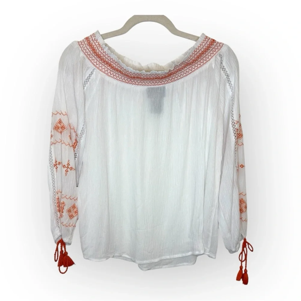 Wrangler Off Shoulder Boho Cowgirl Top White Embroidered Peasant Blouse Small
